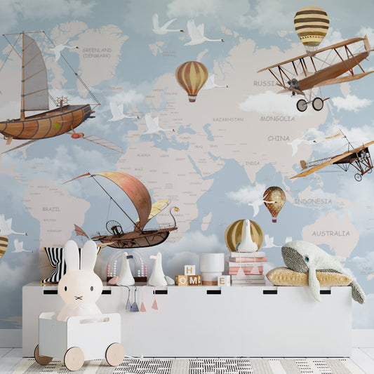 World map wallpaper | Hot air balloon and Aeroplane