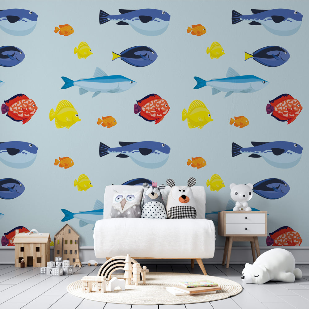 Fish wallpaper for children's bedroom | Fish on light blue background