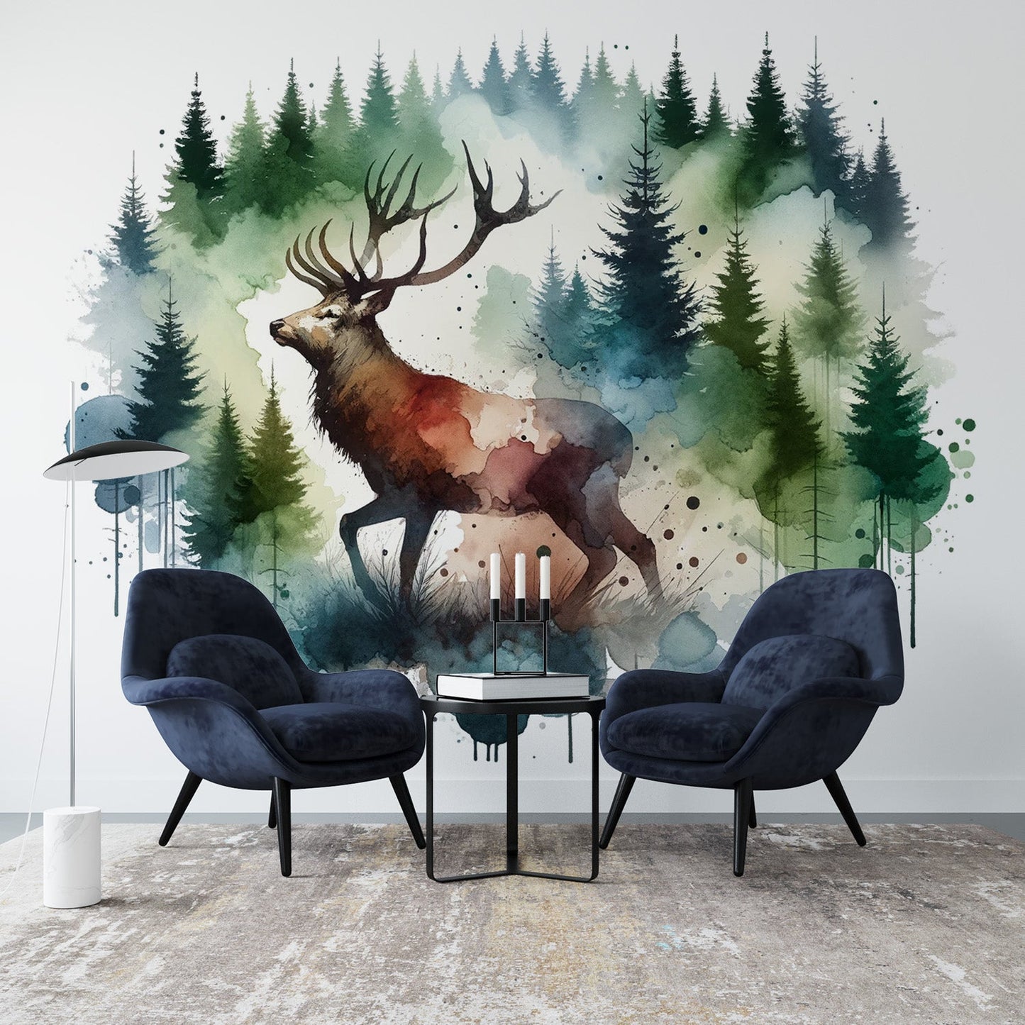 Watercolour Wallpaper | Green Forest and Majestic Stag