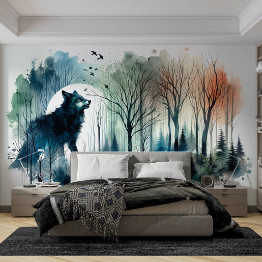 Watercolour Wallpaper | Wolf and Night Forest