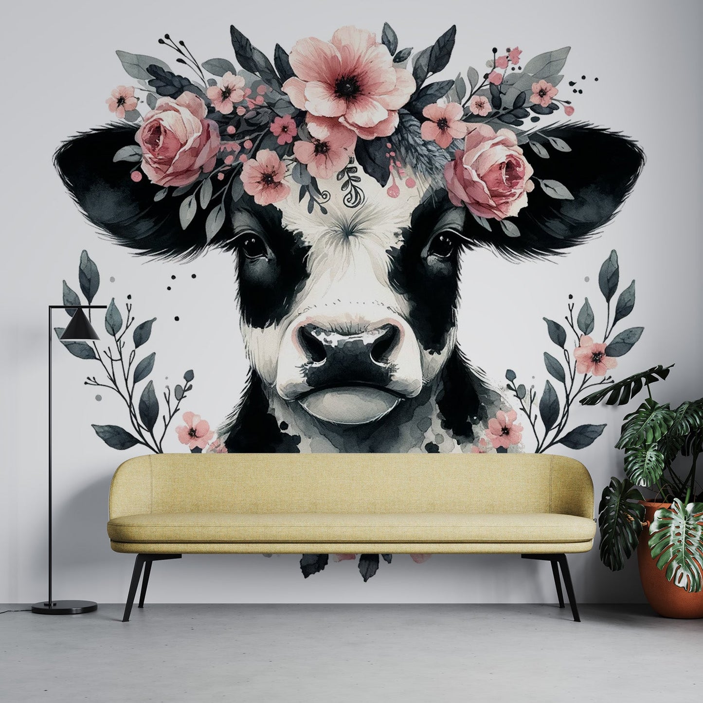 Watercolour Wallpaper | Cow with Pink Flower Crown