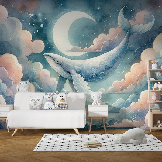 Whale Wallpaper | Moon Crescent with Flying Whale