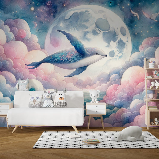 Whale Wallpaper | Pink Clouds with Full Moon