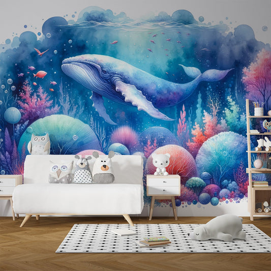 Watercolour whale wallpaper | Bright colours