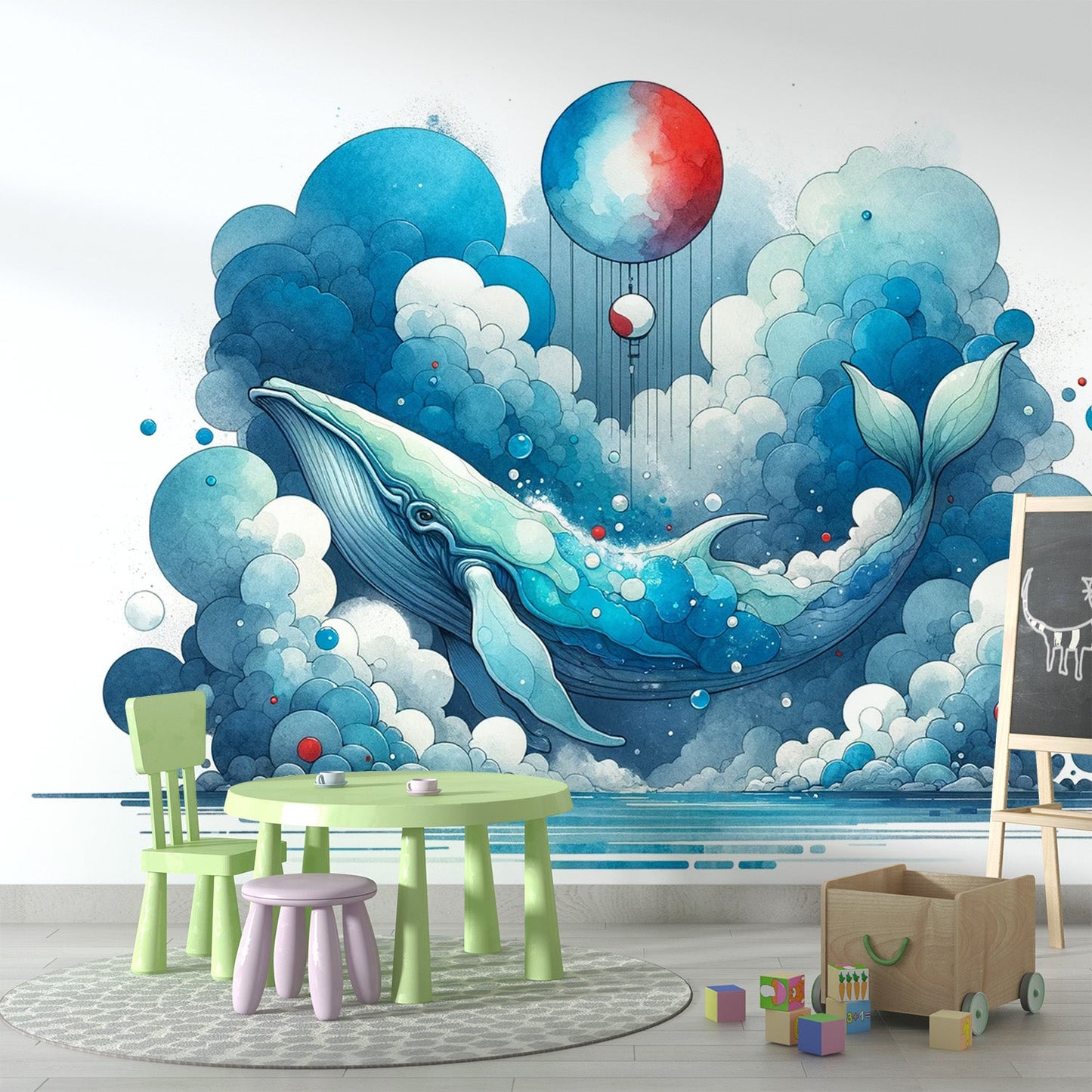 Watercolour whale wallpaper | Cloud and colourful ball