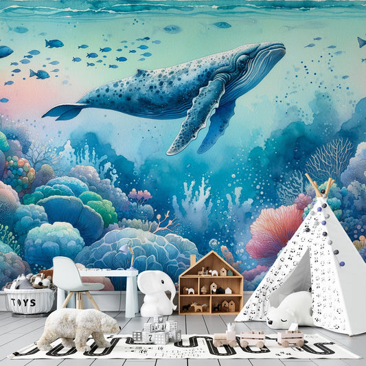 Watercolour whale wallpaper | Fish and corals