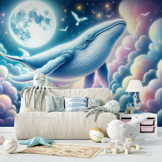 Blue Whale Wallpaper | Full Moon and Colourful Clouds