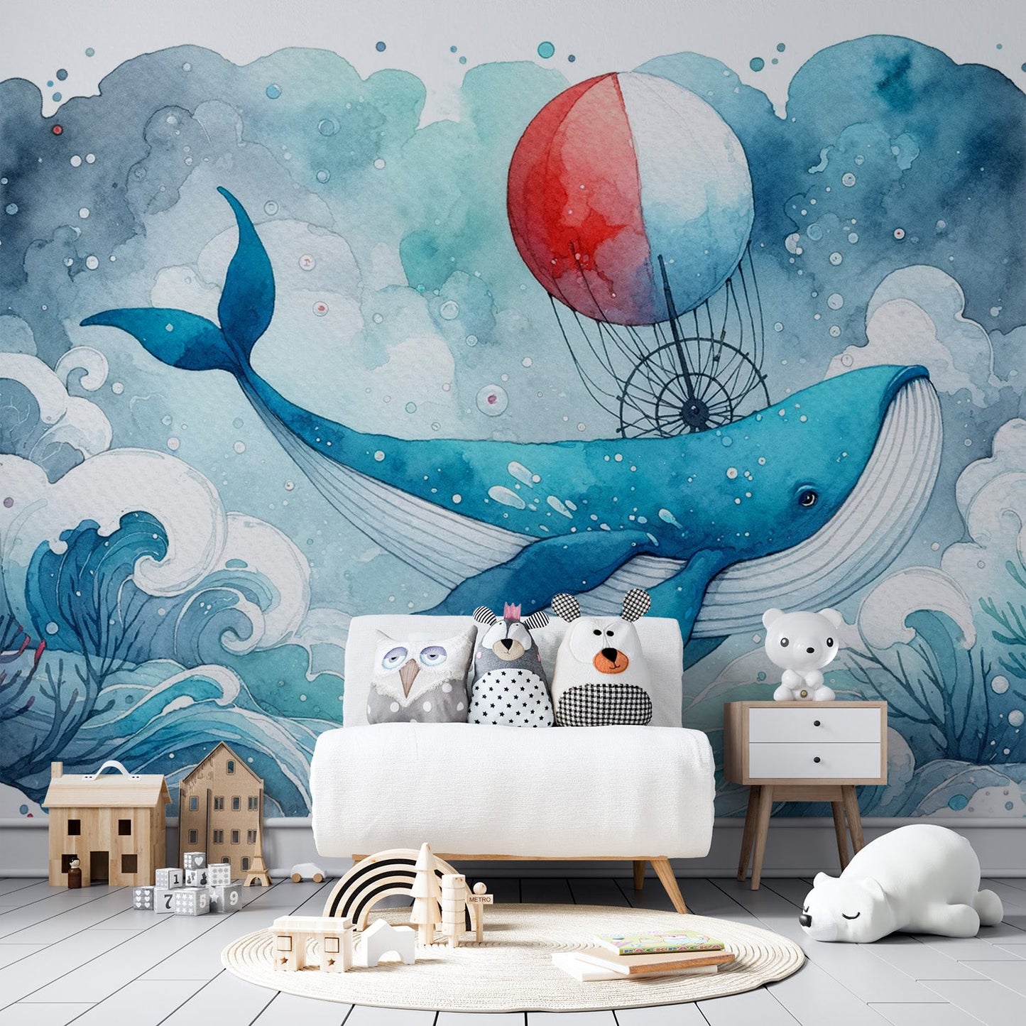 Blue Whale Wallpaper | Watercolour and Hot Air Balloon