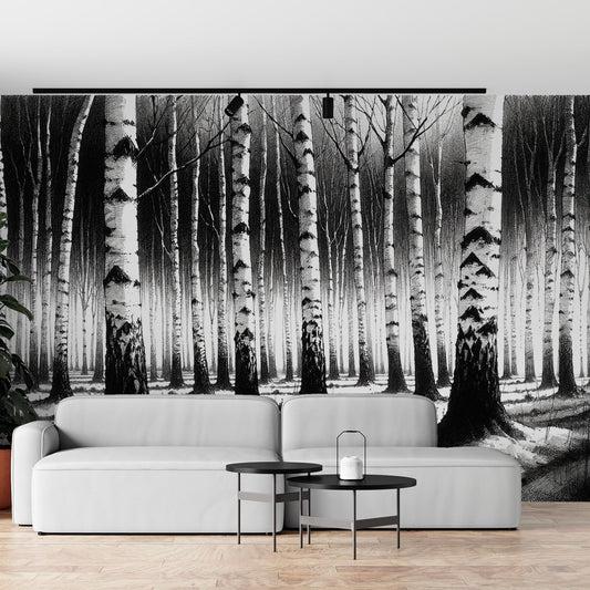 Birch Wallpaper | Black and White Drawing of a Birch Forest