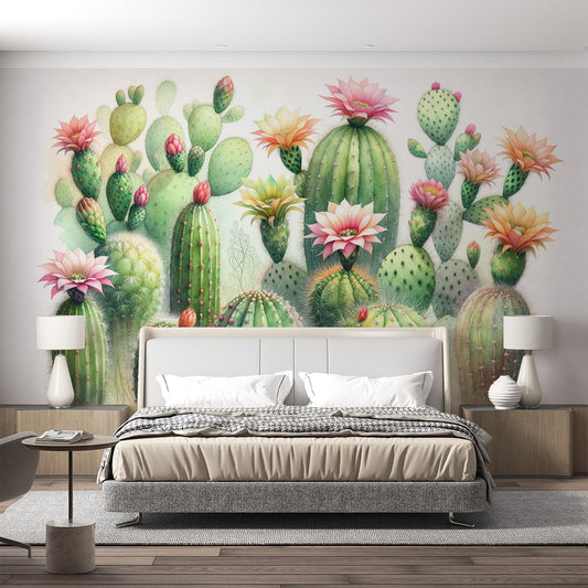 Green cactus wallpaper | Colourful watercolour flowers