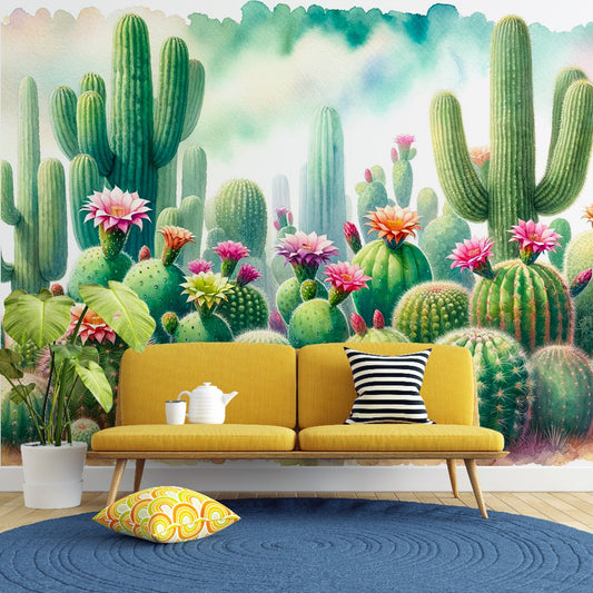 Green cactus wallpaper | Watercolour flowers