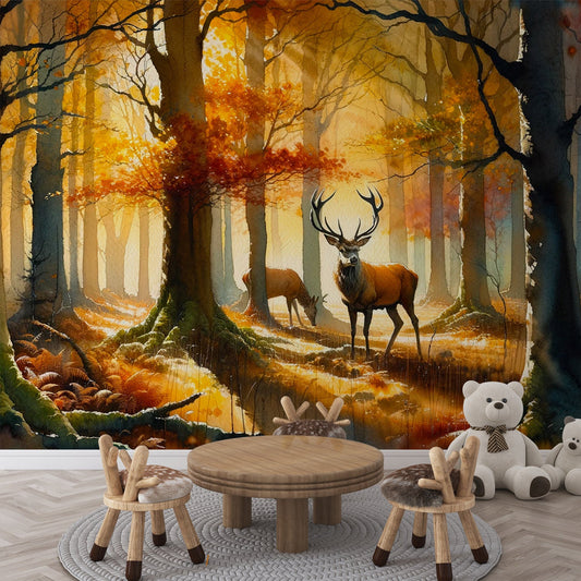 Deer Wallpaper | Watercolour Forest and Deer in Autumn