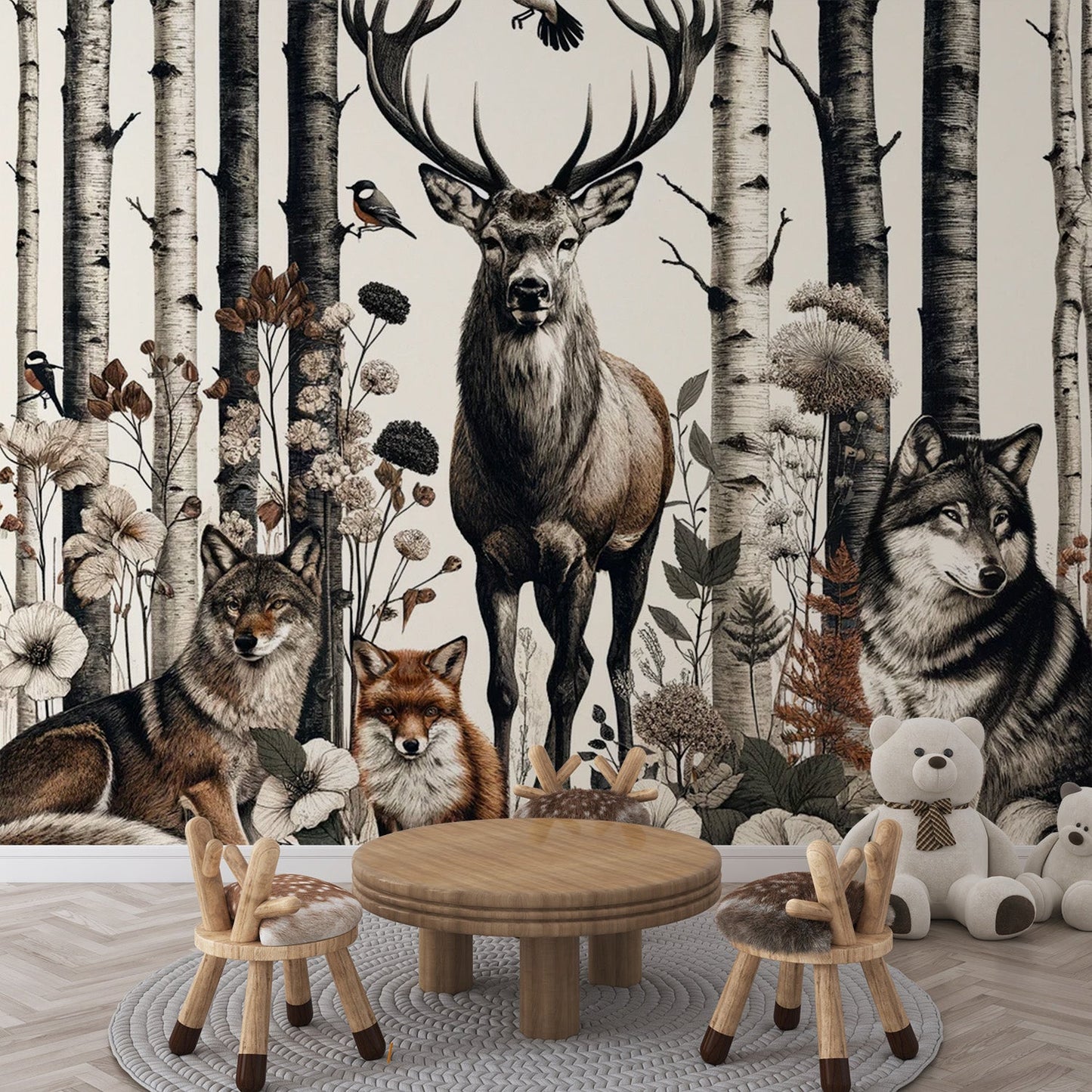 Deer Wallpaper | Vintage Forest Animals Illustration