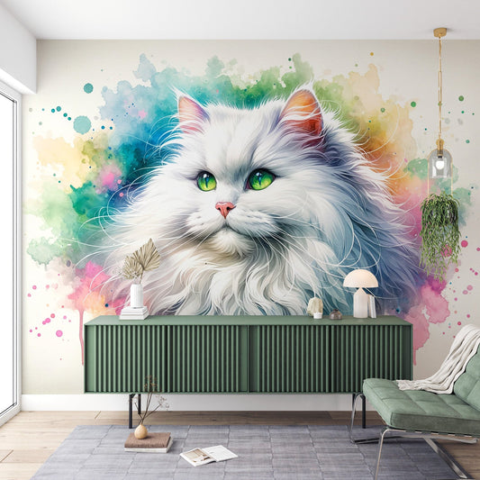 Cat wallpaper | Green-eyed Angora on watercolour background