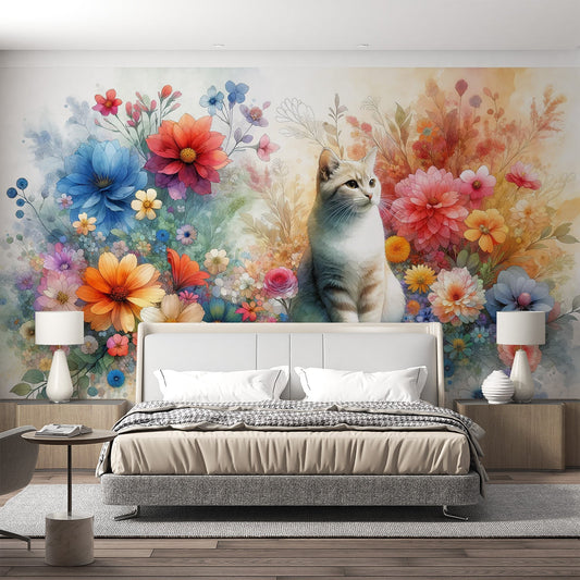 Cat wallpaper | Multicoloured watercolour flowers
