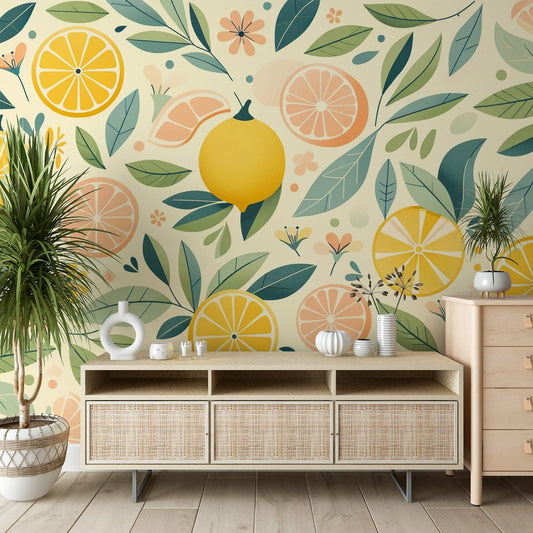 Lemon Yellow Wallpaper | Citrus and Flying Foliage