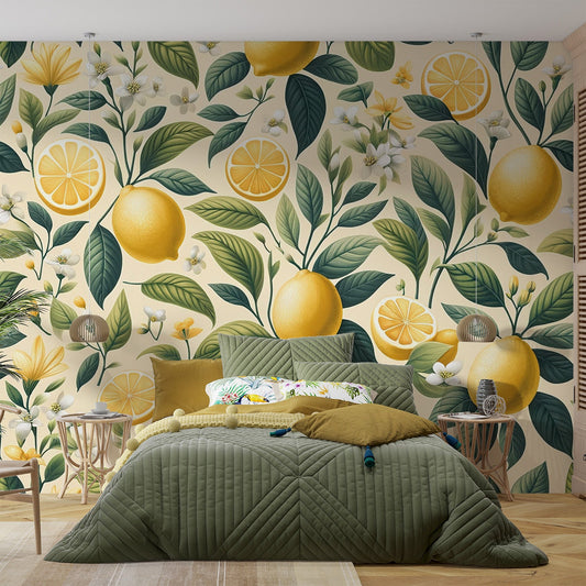 Lemon Yellow Wallpaper | Green and Floral Foliage