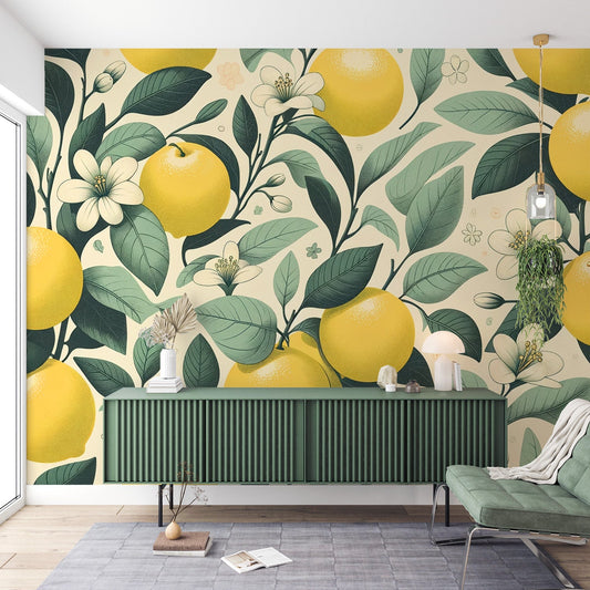 Lemon Yellow Wallpaper | Green Leaves and Lemon Blossoms