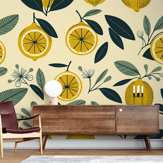 Lemon Yellow Wallpaper | Green Leaf and Cut Lemon Patterns