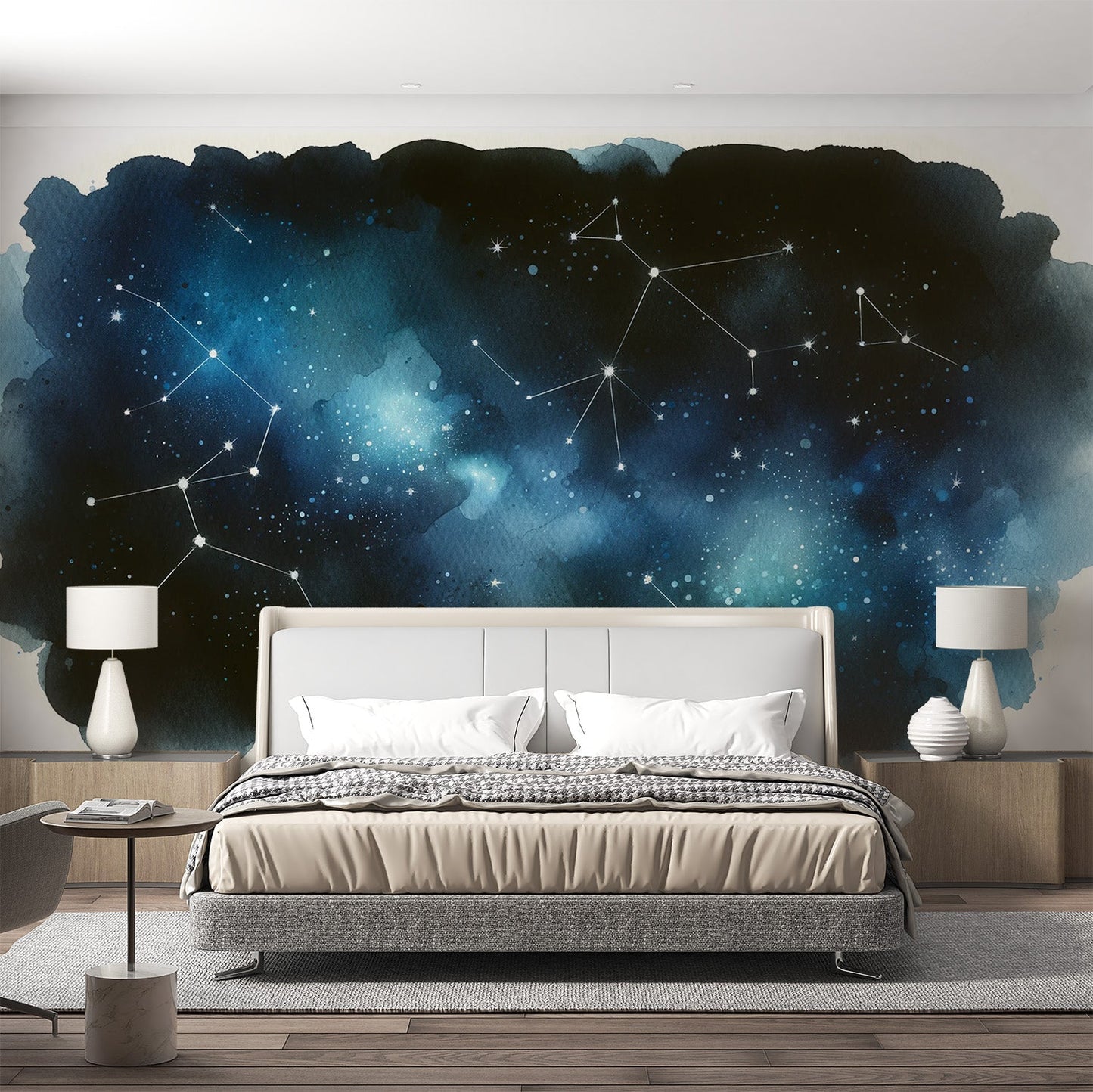 Constellation Wallpaper | Midnight Blue Watercolour with White Stars