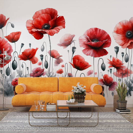 Poppy Wallpaper | Red Buds and Flowers in Watercolour