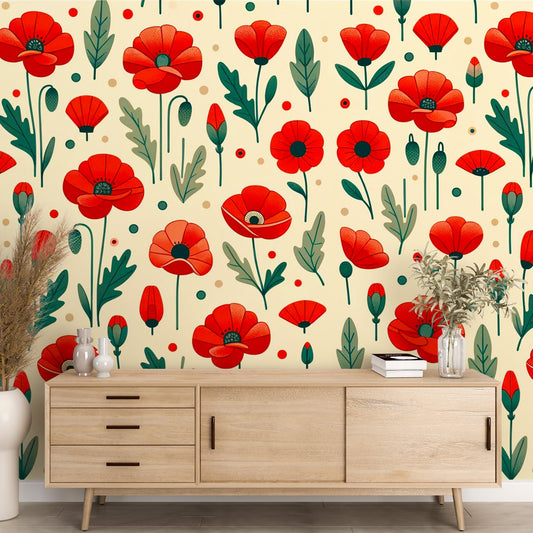 Poppy wallpaper | Red and green illustration on a light background