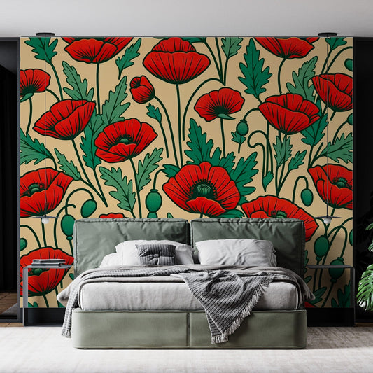 Poppy wallpaper | Red with vintage green leaves