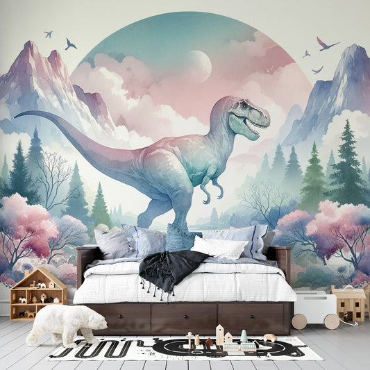 Dinosaur Wallpaper | Pink Watercolour T-Rex in the Mountains