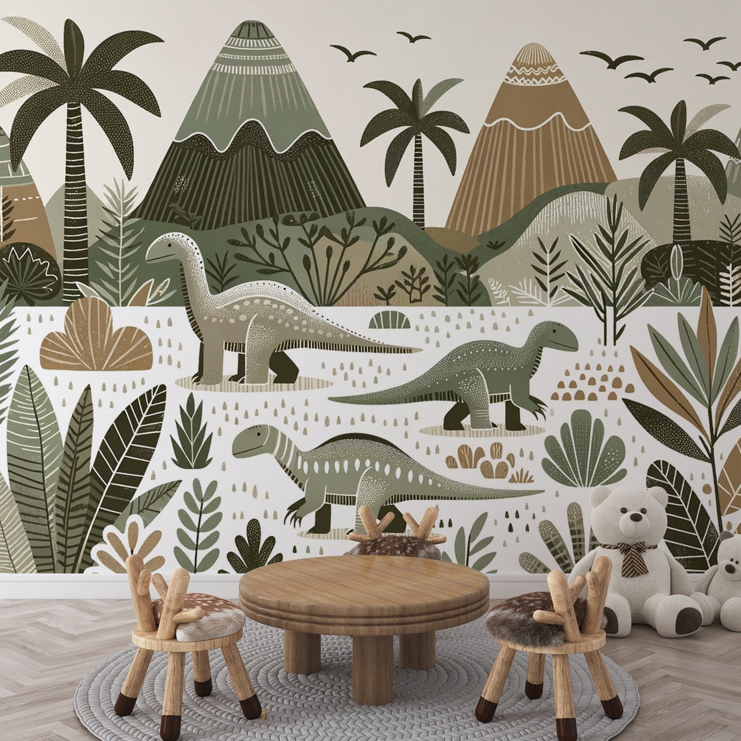 Dinosaur wallpaper | Foliage and dinosaurs in neutral tones