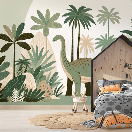 Dinosaur Wallpaper | Palm Trees and Green Diplodocus