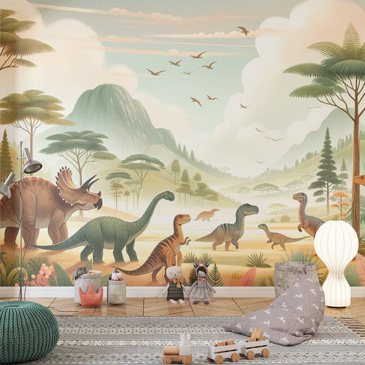 Dinosaur wallpaper | Soft-toned prehistoric landscape