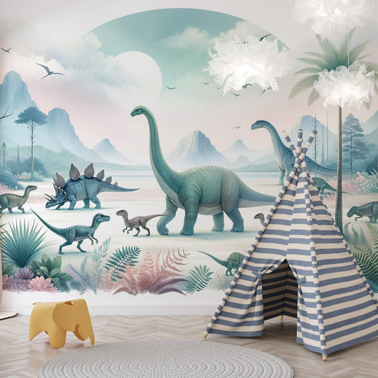 Dinosaur Wallpaper | Full Moon and Pastel Dinosaurs