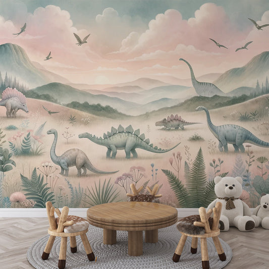 Dinosaur Wallpaper | Pastel-toned Mountain Valley