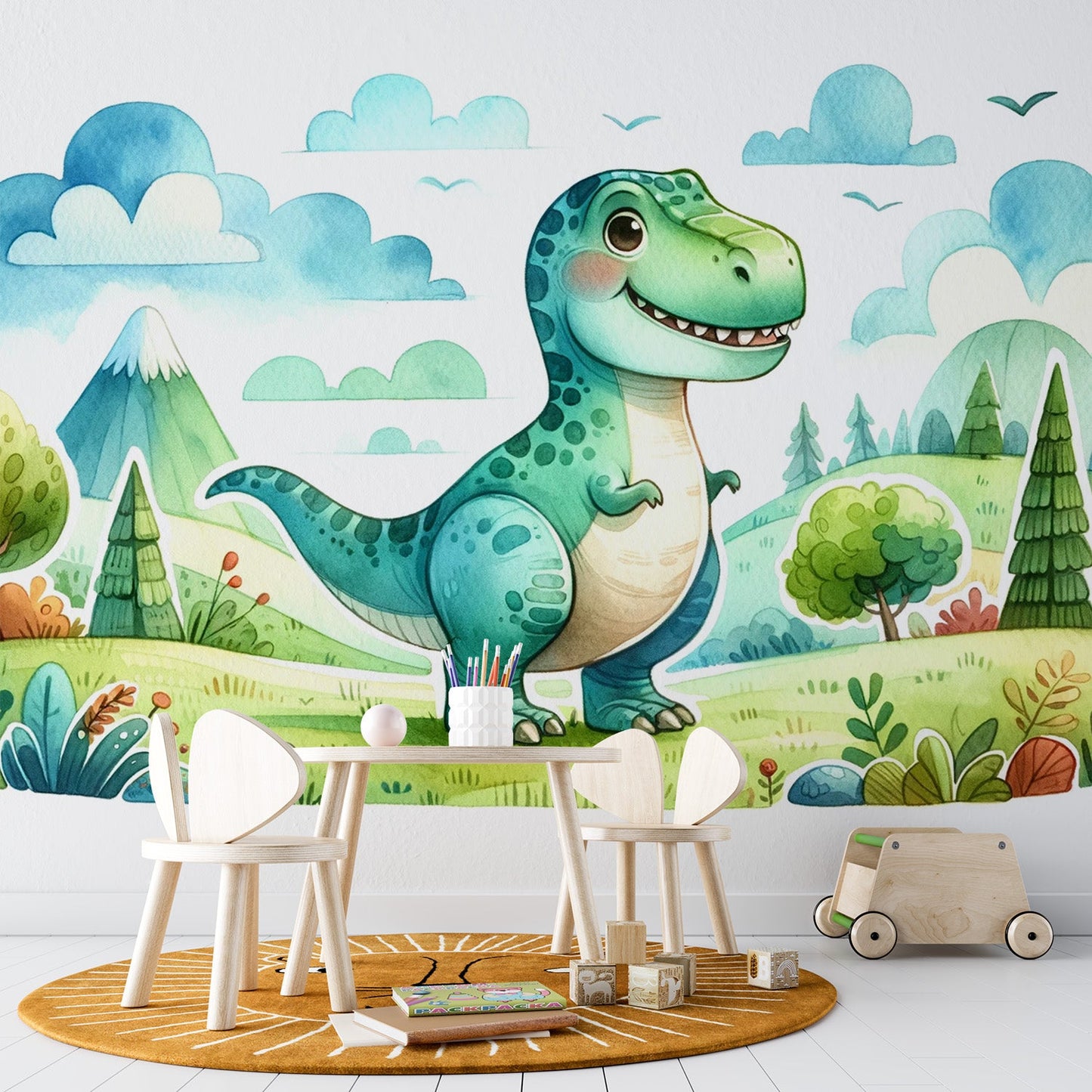 Baby Dinosaur Wallpaper | Watercolour of a Green T-Rex in a Meadow