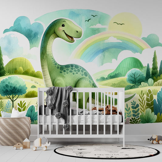 Baby Dinosaur Wallpaper | Watercolour of a Green Diplodocus in a Meadow