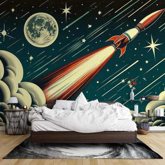 Space wallpaper | Rocket launch in cartoon style