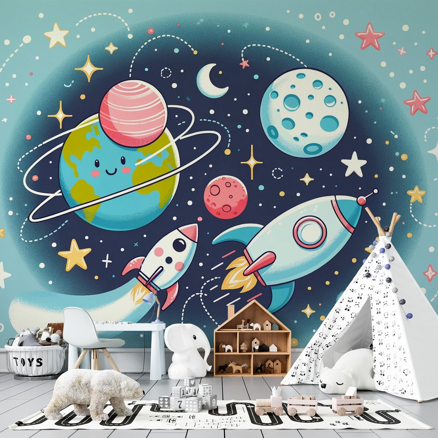 Space Wallpaper | Rockets, Planets and Cute Stars