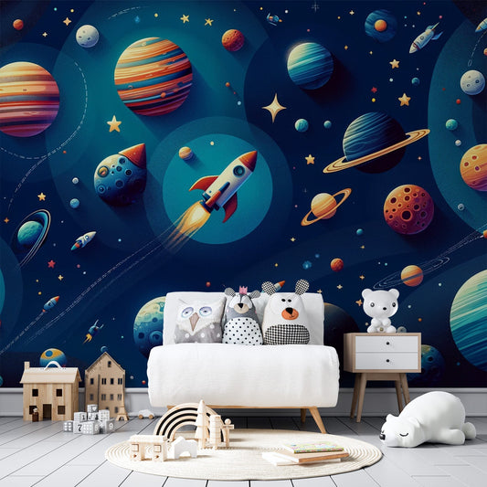 Space Wallpaper | Cartoon Drawing of Planet and Rocket