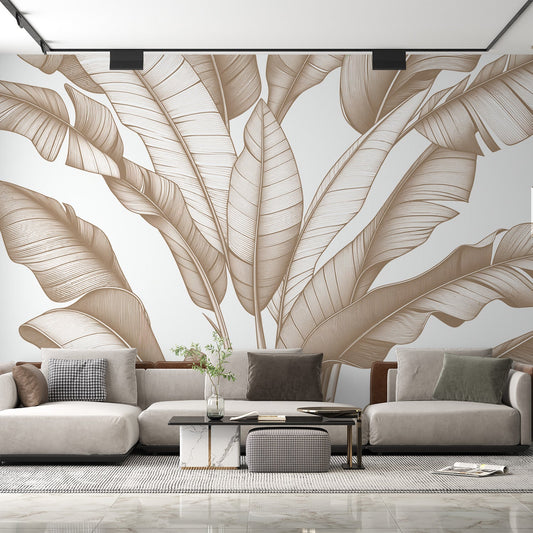 Beige Foliage Wallpaper | Banana Leaves Design on White Background