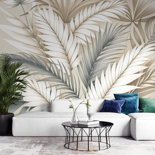 Beige foliage wallpaper | Beige palm leaves massif