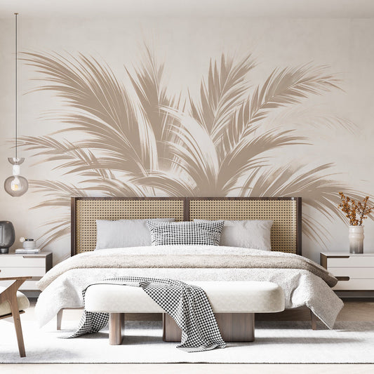 Beige Foliage Wallpaper | Japanese Calligraphy Style Palm Leaves