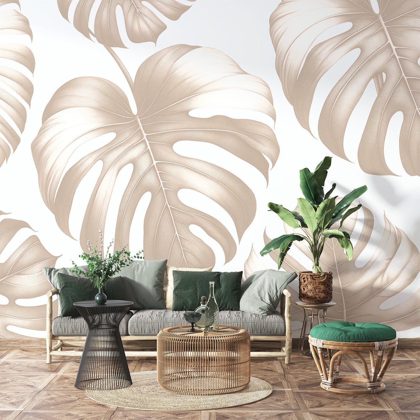Beige foliage wallpaper | Large beige monstera leaves design