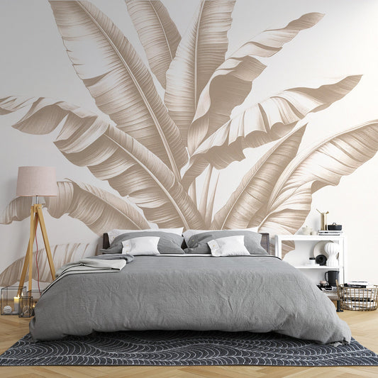 Beige foliage wallpaper | Light background banana leaf pattern