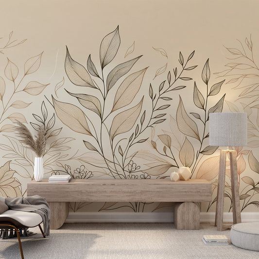 Beige Foliage Wallpaper | Line Art Composition of Beige Toned Foliage