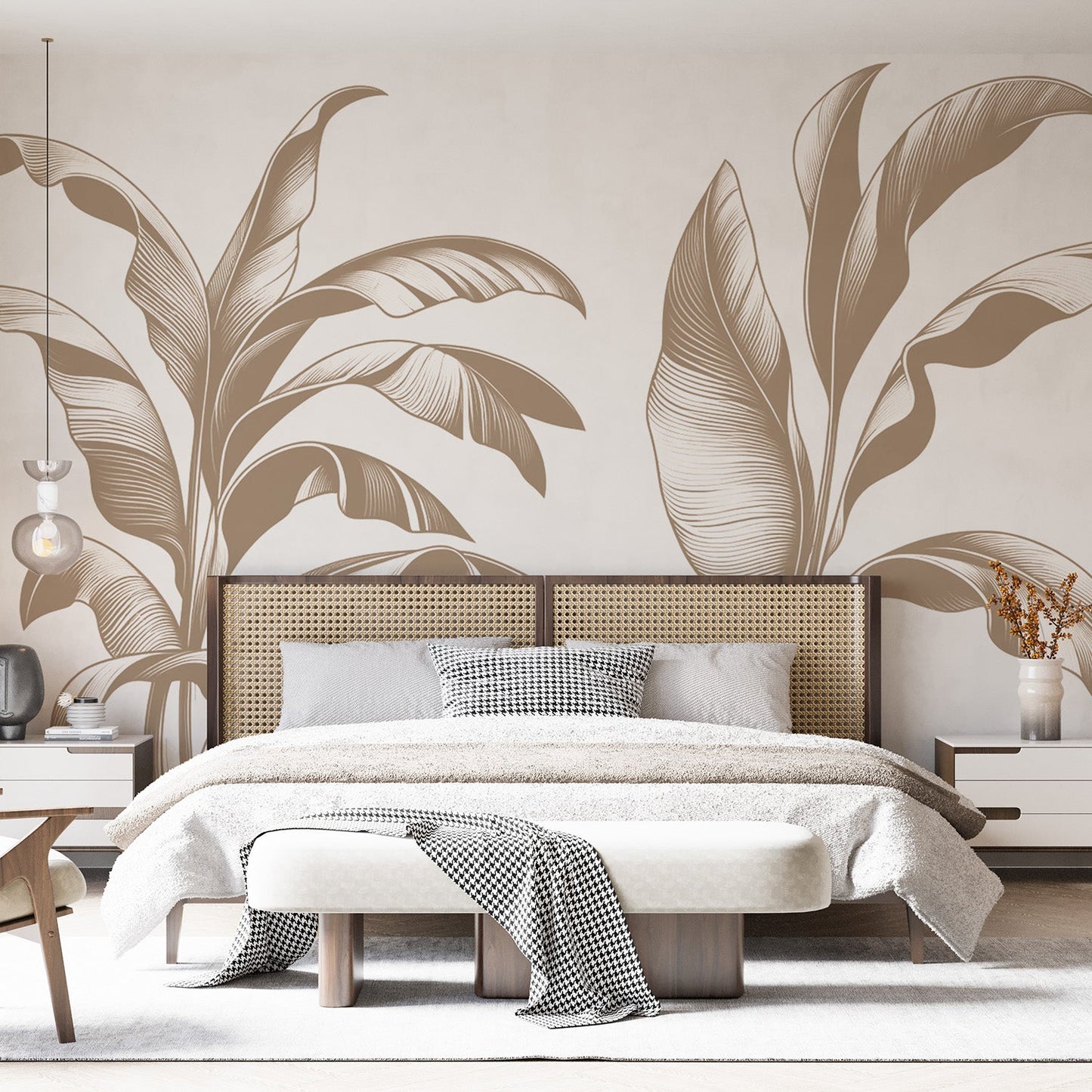 Beige foliage wallpaper | Line art of banana leaf branches