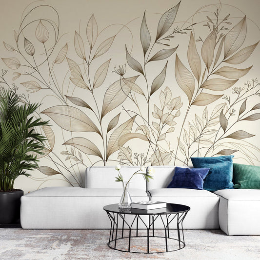 Beige foliage wallpaper | Beige line art various foliage