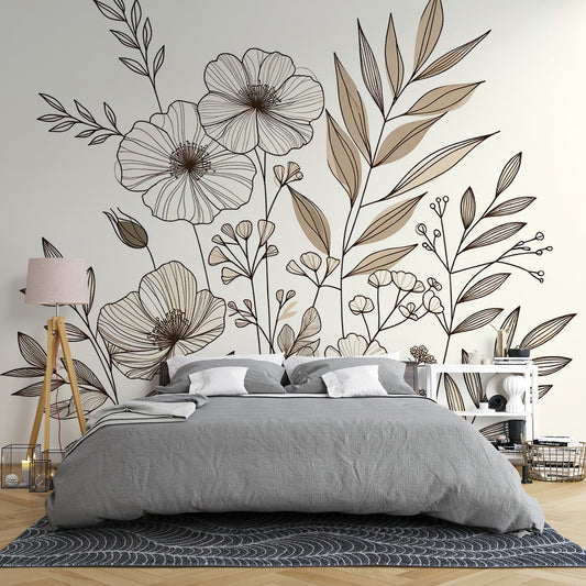 Beige Foliage Wallpaper | Line Art Flowers and Various Beige Toned Foliage