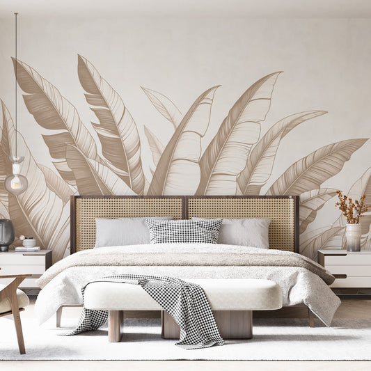 Beige Foliage Wallpaper | Tropical Banana Leaf Design