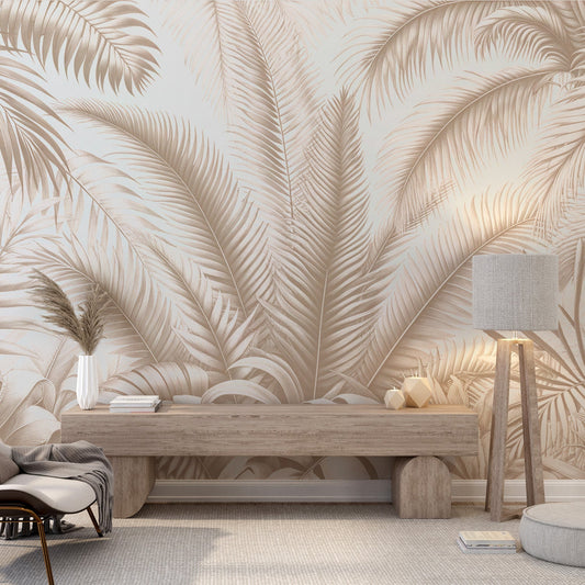 Beige foliage wallpaper | Palm leaf jungle motif