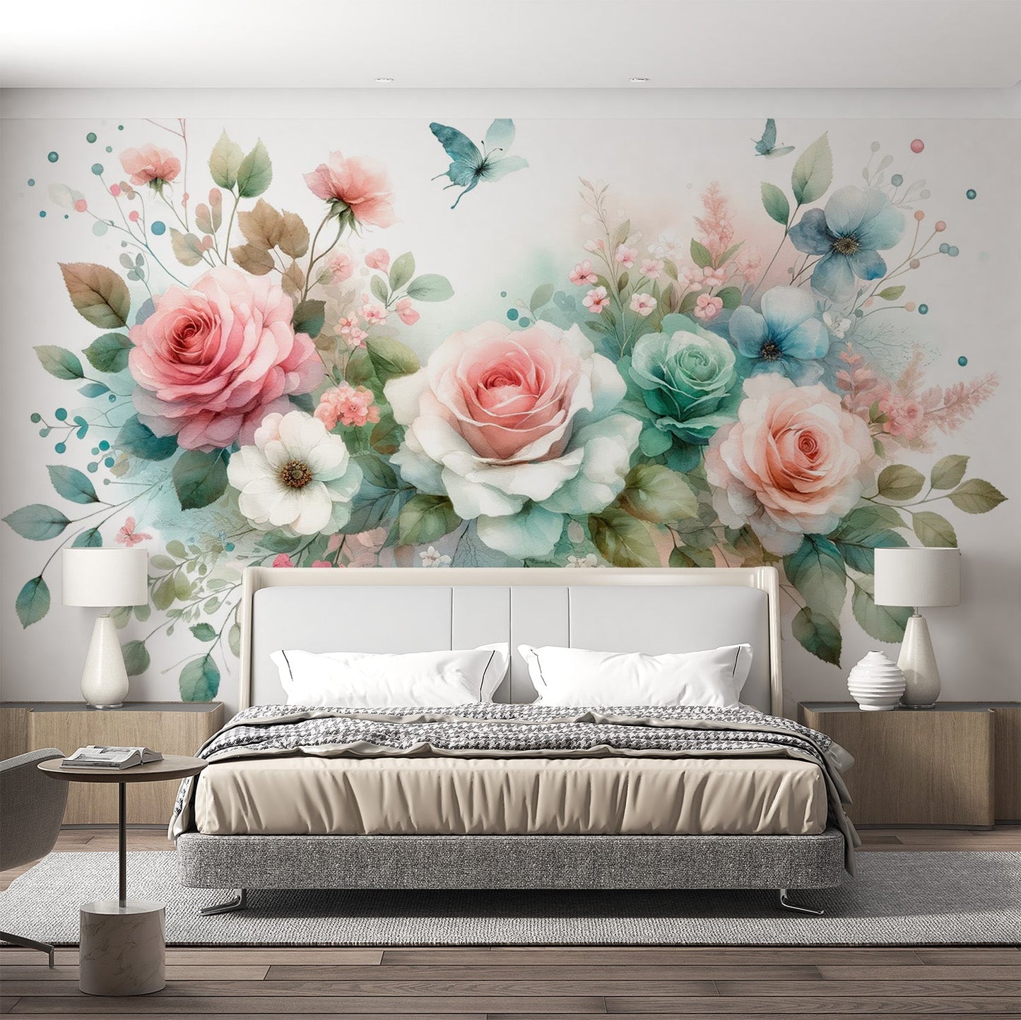 Pastel floral wallpaper | Watercolour butterfly and roses